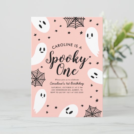 Spooky One Pink Ghost Halloween 1e verjaardag Kaart (Staand voorkant)