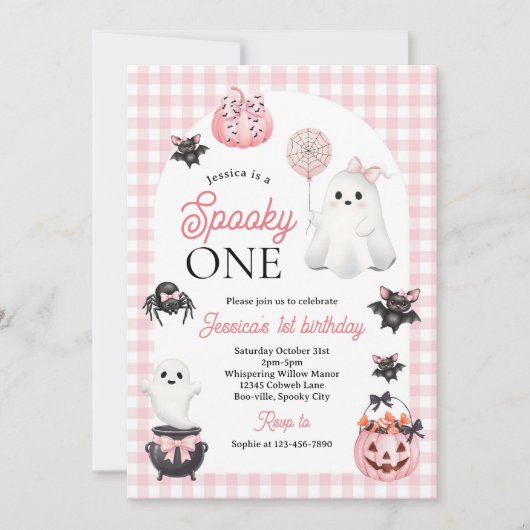Spooky One Pink Ghost Halloween 1st Birthday Party Kaart (Voorkant)
