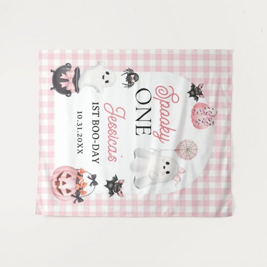 Spooky One Pink Ghost Halloween 1st Birthday Party Wandkleed (Voorkant (horizontaal))