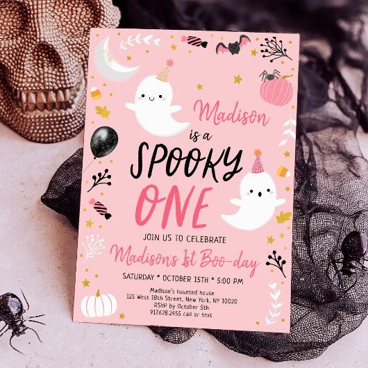 Spooky ONE Pink Ghost Halloween Birthday Kaart