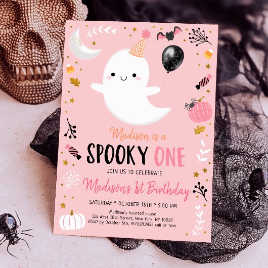 Spooky ONE Pink Ghost Halloween Birthday Kaart
