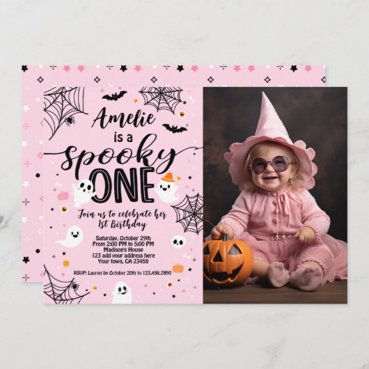 Spooky One Pink Ghost Halloween Invite with Photo Kaart (Voorkant / Achterkant)