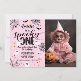 Spooky One Pink Ghost Halloween Invite with Photo Kaart