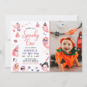 Spooky One Pink Halloween Ghost 1st Photo Birthday Kaart (Voorkant)