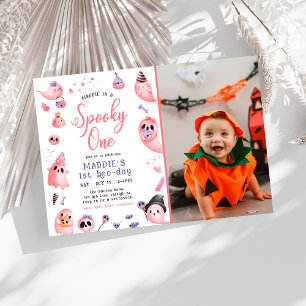 Spooky One Pink Halloween Ghost 1st Photo Birthday Kaart