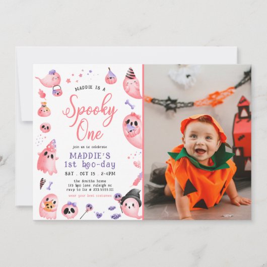 Spooky One Pink Halloween Ghost 1st Photo Birthday Kaart (Voorkant)