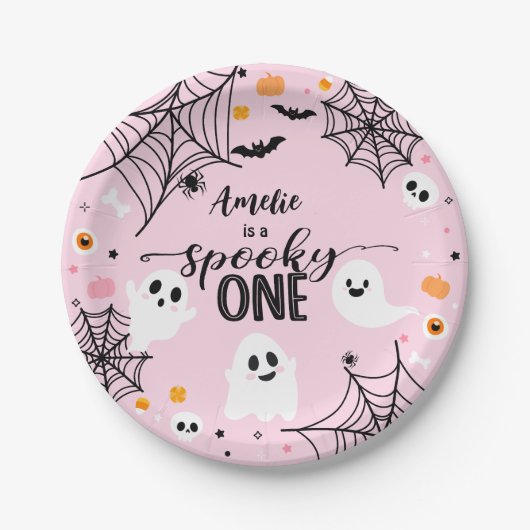 Spooky One Pink Halloween Ghost Papieren Bordje (Voorkant)
