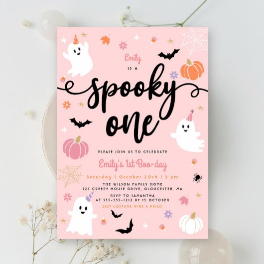 Spooky One Pink Halloween Schattige Ghost 1st Birt Kaart