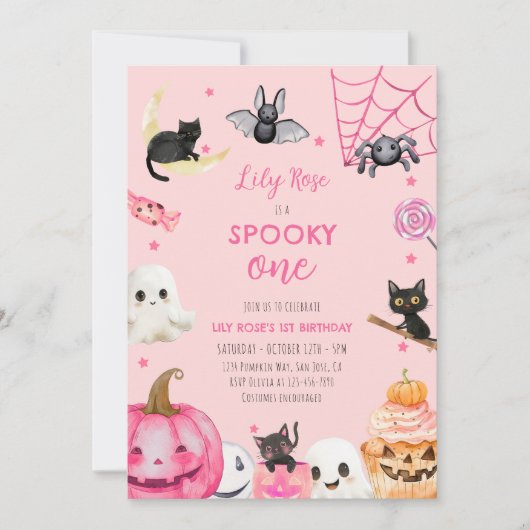 Spooky One Pink Halloween Schattige Ghost 1st Birt Kaart (Voorkant)