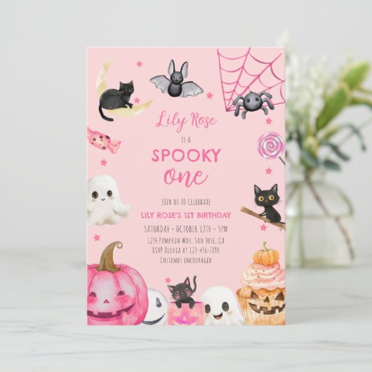 Spooky One Pink Halloween Schattige Ghost 1st Birt Kaart (Staand voorkant)