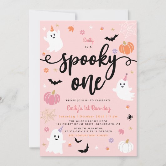 Spooky One Pink Halloween Schattige Ghost 1st Birt Kaart (Voorkant)