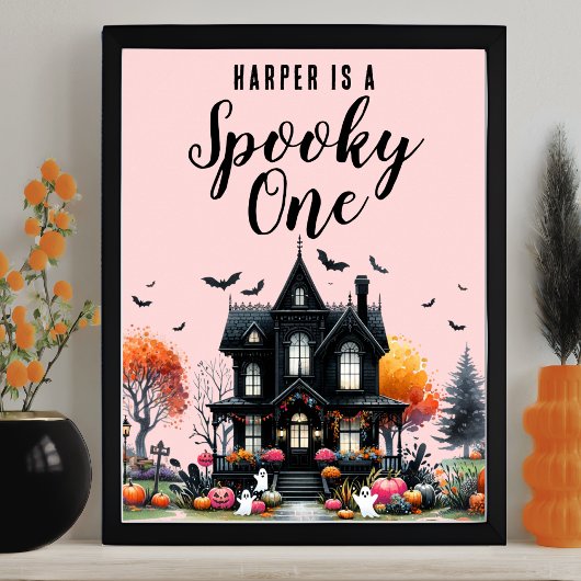 Spooky One Pink Halloween verjaardagsfeestje teken Poster