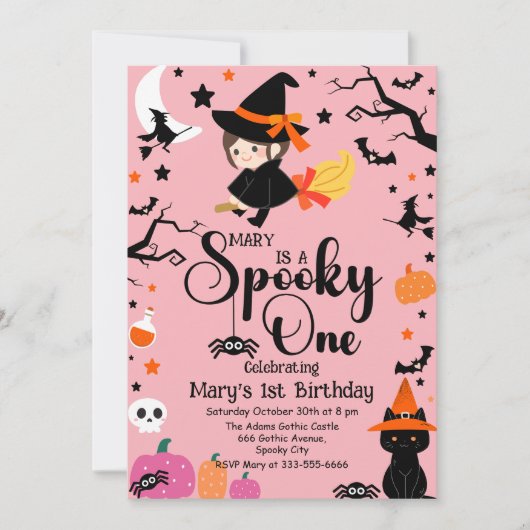 Spooky One Pink Witchy Halloween Verjaardagsfeestj Kaart (Voorkant)