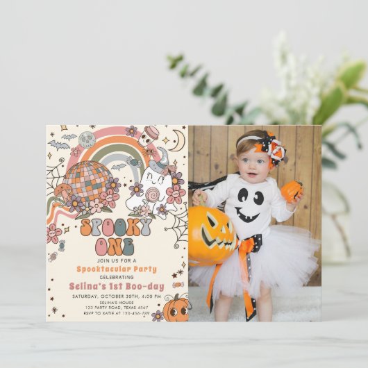 Spooky One Retro Ghost Halloween Verjaardagsfoto Kaart (Staand voorkant)