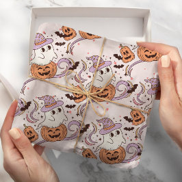Spooky One Retro Ghost & Pompoen Roze Halloween Cadeaupapier
