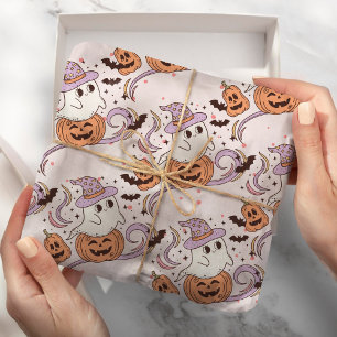 Spooky One Retro Ghost & Pompoen Roze Halloween Cadeaupapier