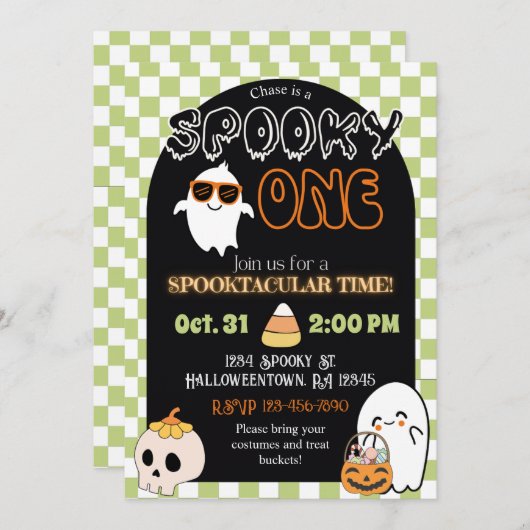 Spooky One, Retro Thema 1e verjaardag Uitnodiging (Voorkant / Achterkant)