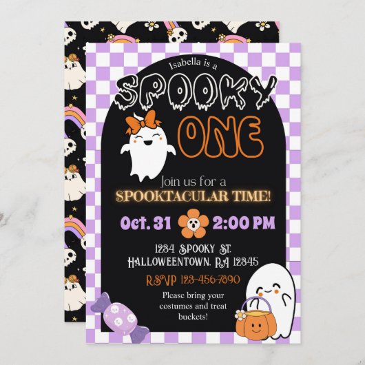 Spooky One, Retro Thema 1e verjaardag Uitnodiging (Voorkant / Achterkant)