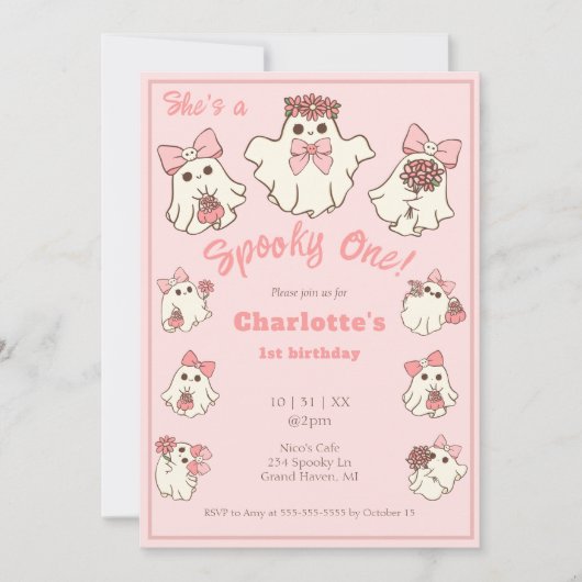 Spooky One Schattige Pink Ghost & Bows 1st Birthda Kaart (Voorkant)