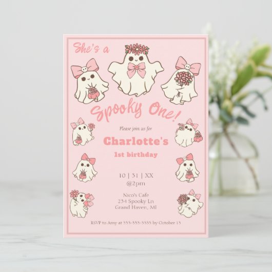 Spooky One Schattige Pink Ghost & Bows 1st Birthda Kaart (Staand voorkant)