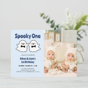 Spooky One Schattige Twin Boys 1st Birthday Foto Kaart
