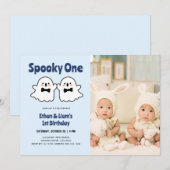 Spooky One Schattige Twin Boys 1st Birthday Foto Kaart (Voorkant / Achterkant)