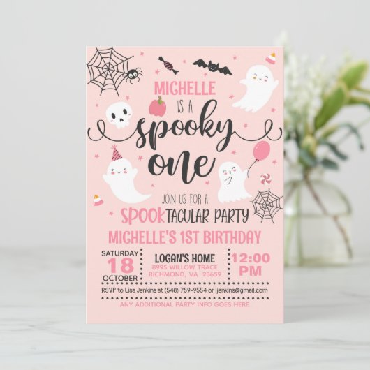 Spooky One verjaardagsuitnodiging - Meisje (roze) Kaart (Staand voorkant)