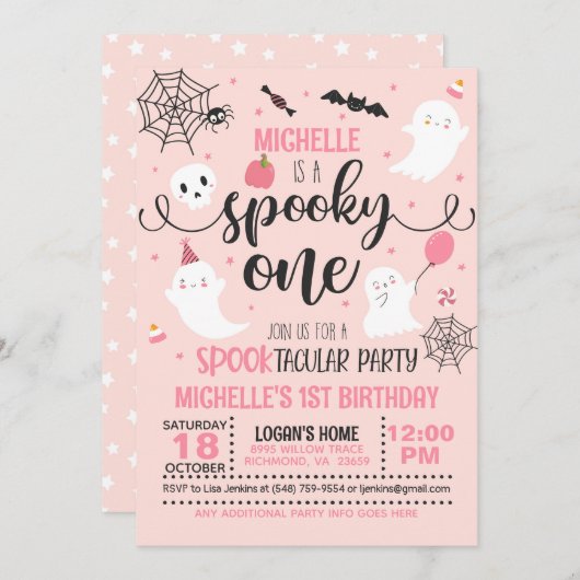 Spooky One verjaardagsuitnodiging - Meisje (roze) Kaart (Voorkant / Achterkant)