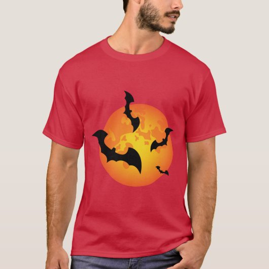 Spooky Orange Halloween Full Moon Bats T-shirt (Voorkant)