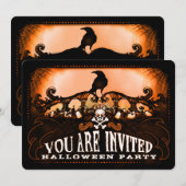 Spooky Oranje & Black Raven Halloween Party Invite Kaart (Voorkant / Achterkant)