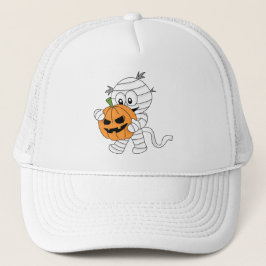 Spooky Oranje Cartoon Mummy Met Pompoen Trucker Pet