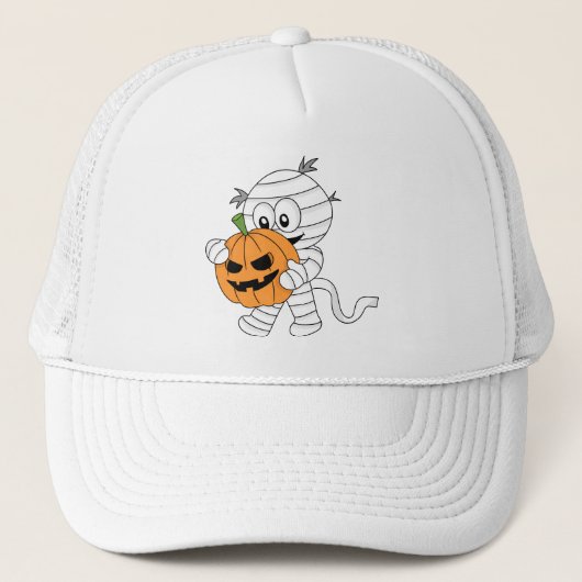 Spooky Oranje Cartoon Mummy Met Pompoen Trucker Pet (Voorkant)
