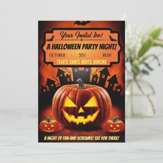 Spooky Oranje Halloween Pumkin Party Kaart (Staand voorkant)