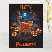 Spooky Oranje Kitten op Halloween Night Kaart (Gele Bloem)