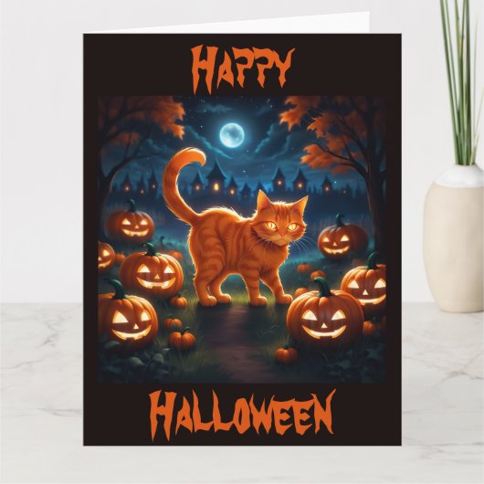 Spooky Oranje Kitten op Halloween Night Kaart (Voorkant)