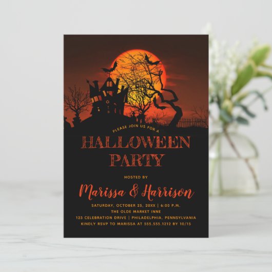 Spooky Oranje Moon Haunted House Halloween Party I Kaart (Staand voorkant)