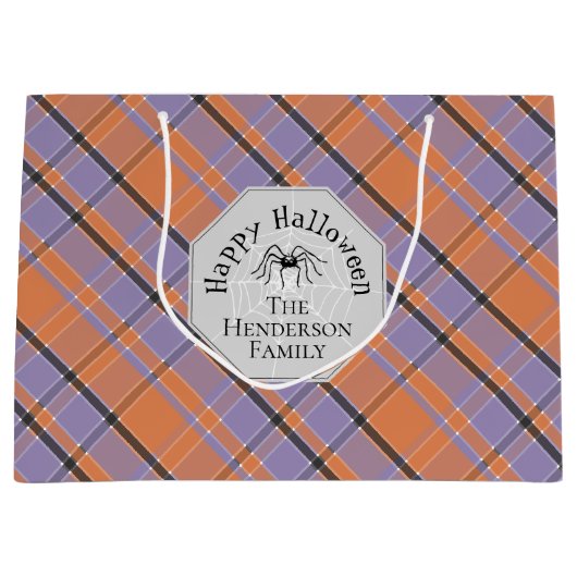 Spooky Oranje Paarse Black Plaid Spider Halloween Groot Cadeauzakje (Voorkant)