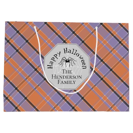 Spooky Oranje Paarse Black Plaid Spider Halloween Groot Cadeauzakje (Achterkant)