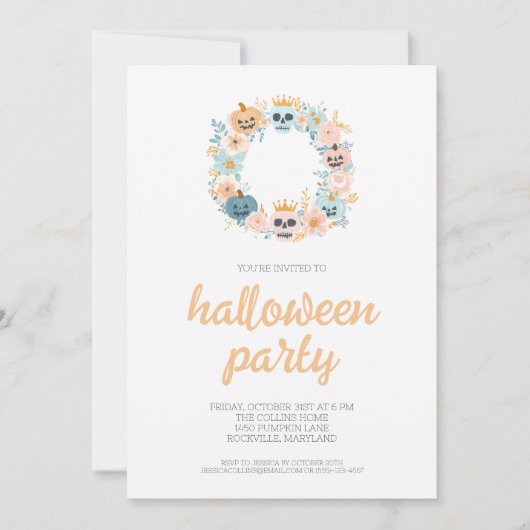 Spooky Oranje Schedel Bloemen Krans Halloween Part Kaart (Voorkant)