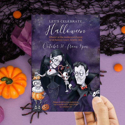 Spooky Paarse en zwarte Halloween Party Invitation Kaart