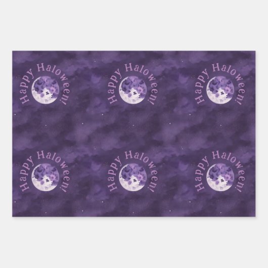 Spooky Paarse Halloween Nacht Maan Waterverf Inpakpapier Vel (Voorkant 2)