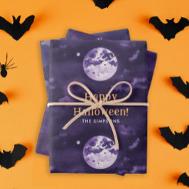 Spooky Paarse Halloween Nacht Maan Waterverf Inpakpapier Vel
