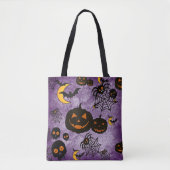 SPOOKY PAARSE HALLOWEEN PUMPKINS SPIDER WEBS TOTE BAG (Voorkant)