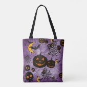 SPOOKY PAARSE HALLOWEEN PUMPKINS SPIDER WEBS TOTE BAG (Achterkant)