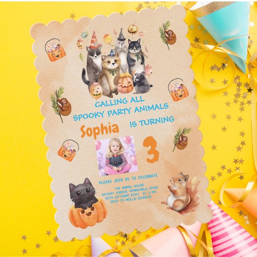 Spooky Party Animals Theme Kids Verjaardag Uitnodi Kaart