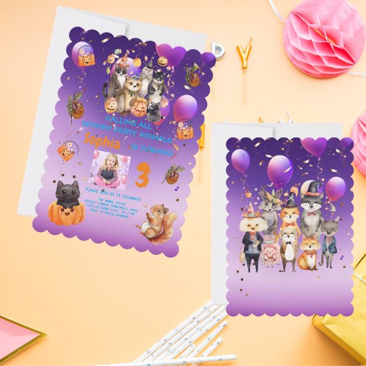 Spooky Party Animals Theme Kids Verjaardag Uitnodi Kaart