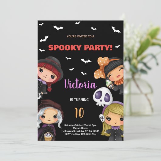 Spooky Party Zwart Halloween Verjaardagsuitnodigin Kaart (Staand voorkant)