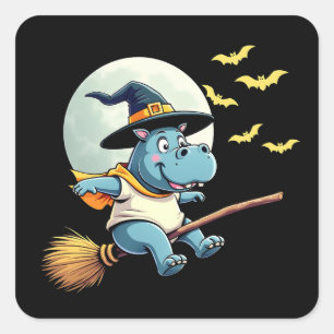Spooky Pastel Halloween Baby Moo Deng Hippo Vierkante Sticker