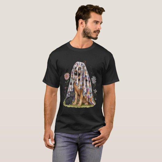 Spooky Patchwork Floral Ghost German Shepherd Dog T-shirt (Voorkant volledig)