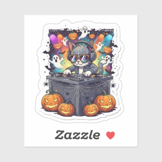 Spooky Paw-ty Time - Cat DJ Halloween Party Sticker (Vel)